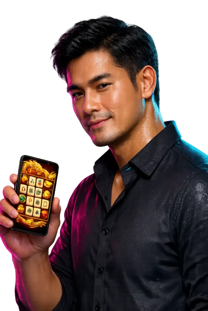 นายแบบชายไทยถือมือถือแสดง สล็อต pg เกมมาห์จองพร้อมเล่น เว็บตรง